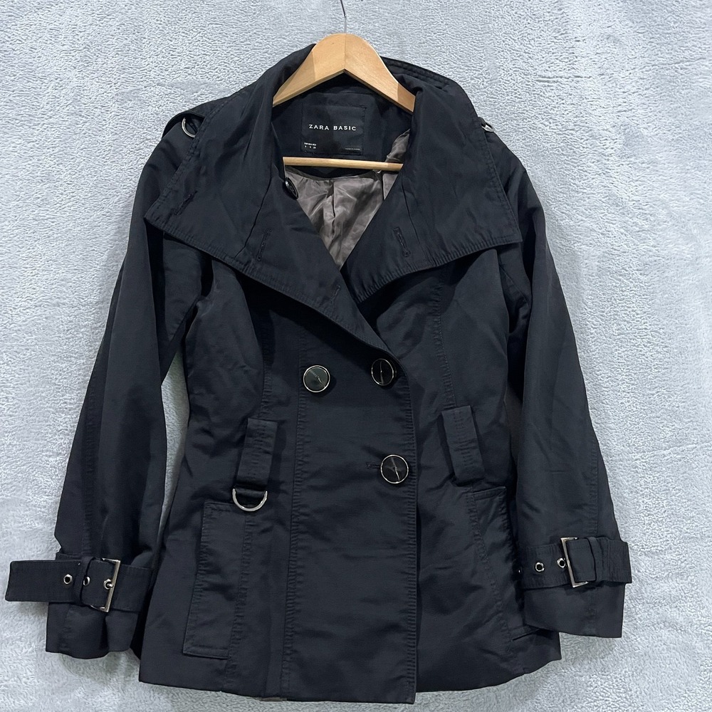 Zara Basic Trench Coat Women's Small Short‎ Buttons Double Breasted Preppy Black